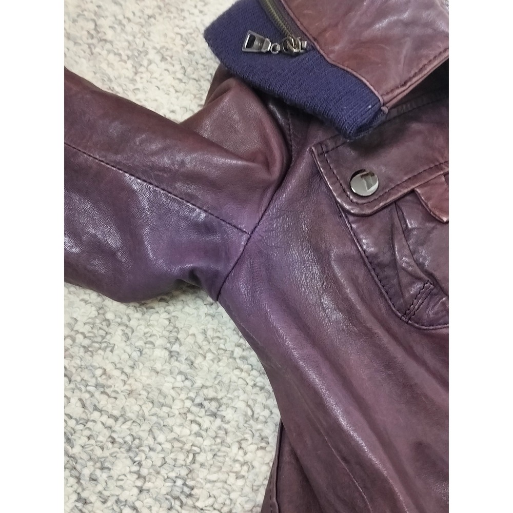 Danier Italian Leather Hooded Bomber Jacket‎ Womens 2XS Purple Ribbed Wool Trim - Picture 11 of 15